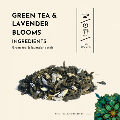 Green Tea & Lavender Blooms Tea. Sip on the sweet essence of blooming lavender gardens as you indulge in the graceful harmony of sweet grass and fragrant moss. The subtle notes of honey add a touch of natural sweetness, while the gentle presence of lavender petals brings a serene and calming element to the blend