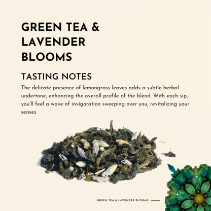 Green Tea & Lavender Blooms Tea. Sip on the sweet essence of blooming lavender gardens as you indulge in the graceful harmony of sweet grass and fragrant moss. The subtle notes of honey add a touch of natural sweetness, while the gentle presence of lavender petals brings a serene and calming element to the blend