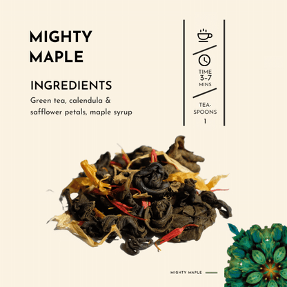Might Maple Tea. Experience the freshness of Mighty Maple, where the natural sweetness of maple syrup dances on your taste buds, creating a harmonious balance with green tea's vibrant and grassy undertones.