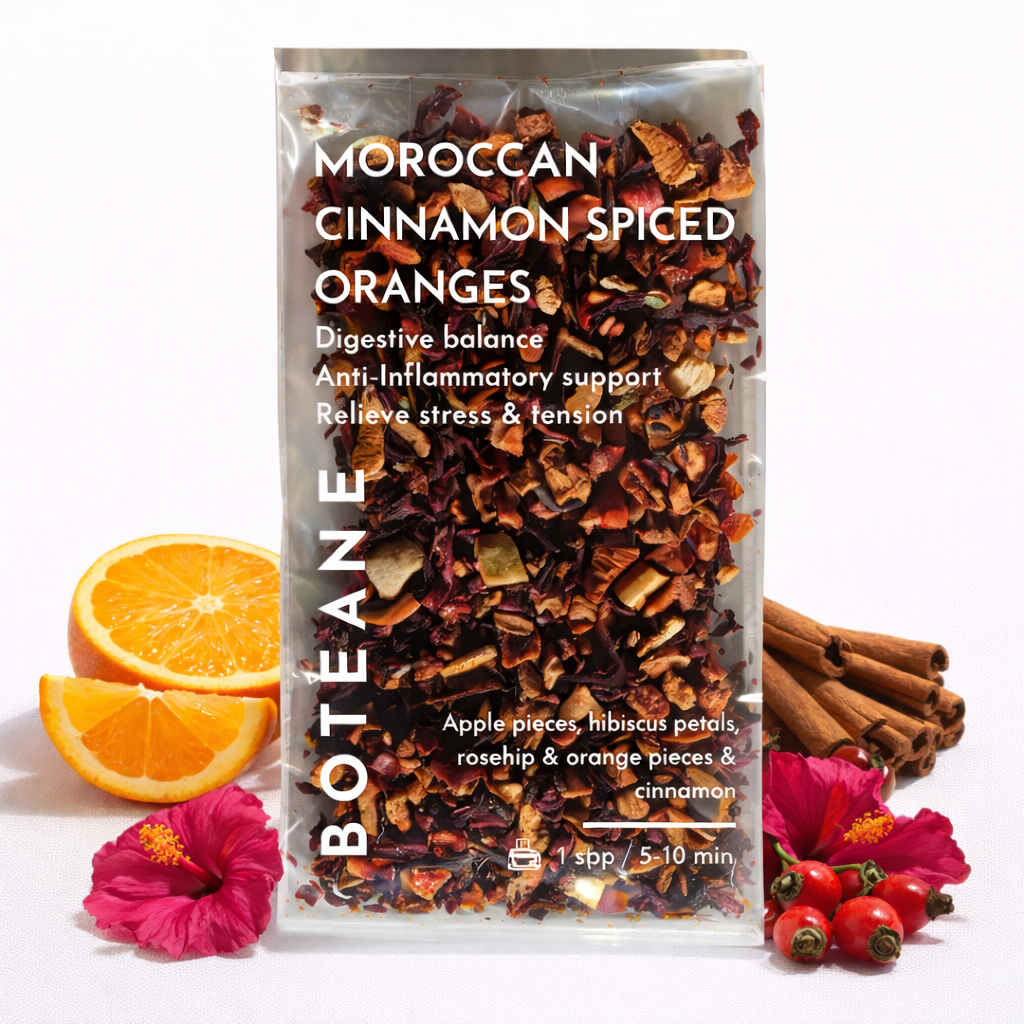 BOTEANE Moroccan Cinnamon Spiced Oranges tea package with cinnamon sticks, oranges, and flowers on a white background