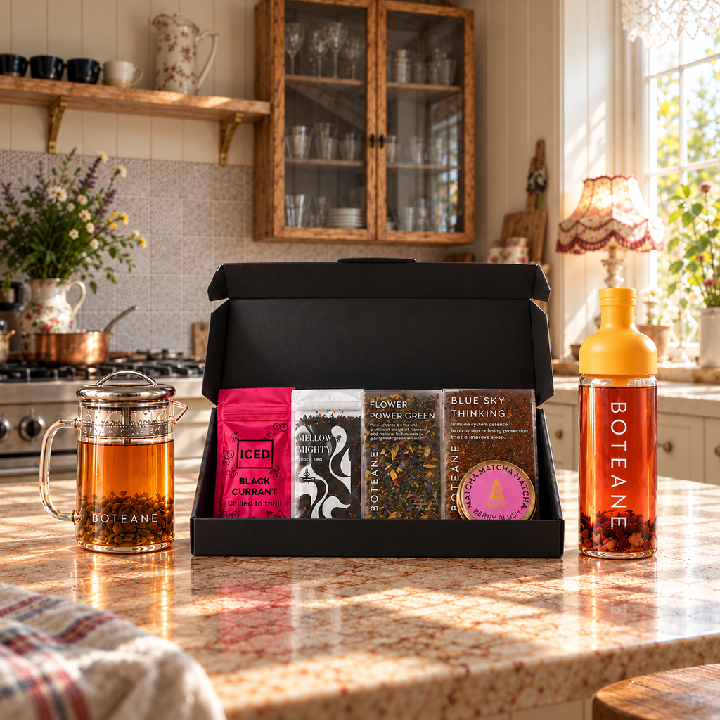 Boteane Welcome Box open on a kitchen counter with loose leaf teas, the glass teapot and the cold brew bottle, from the Tea Discovery Subscription