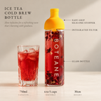 Boteane Ice Tea Cold Brew Bottle: glass bottle, integrated filter, easy-grip silicone stopper, 750ml, 4 to 5 cups, 30cm tall, for slow cold infusion. Included with the Tea Discovery Subscription Welcome Box