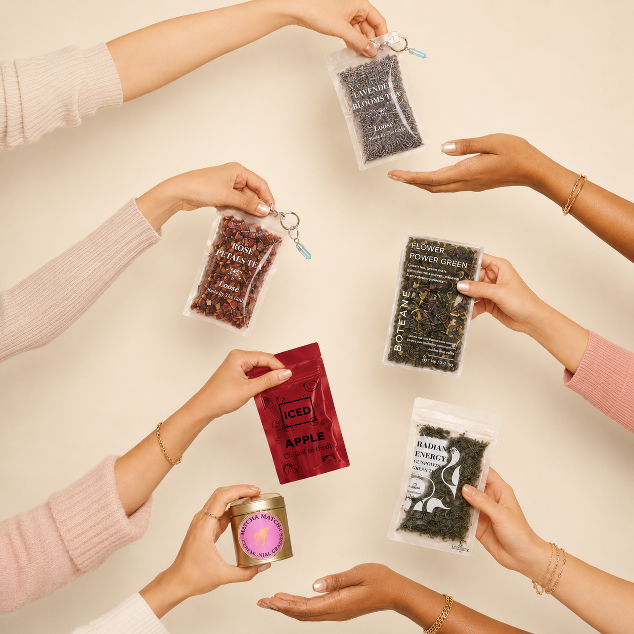 A spread of teas and packaging from the different brands Boteane carries