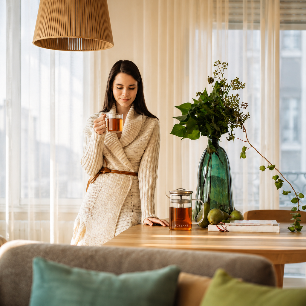 A woman in a cream ribbed knit robe stands by a wooden table holding a glass of tea in a bright, modern room with large windows, a green glass vase with foliage, and a teapot.