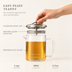 Boteane Easy-peasy Teapot: borosilicate glass, stainless steel lid, lift-out infuser gauze, 2 cups, 400ml, 12.5cm tall. Included with the Tea Discovery Subscription Welcome Box.