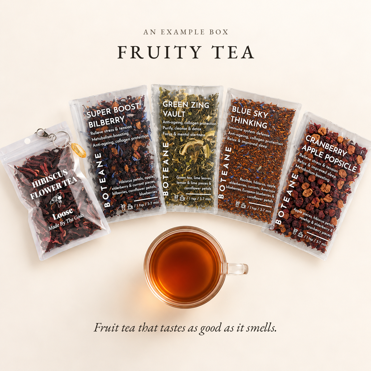 An example Fruity selection from the Boteane Tea Discovery Subscription: five loose leaf fruit teas with a cup of ruby tea. Fruit tea that tastes as good as it smells.