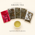 An example Green Tea selection from the Boteane Tea Discovery Subscription: Spiced Aurora, Forever Young, Pecan Pie, Smooth and Gentle Sencha green tea and Iced Apple, with a cup of pale green tea. Gentle lifts, without the coffee jitters.
