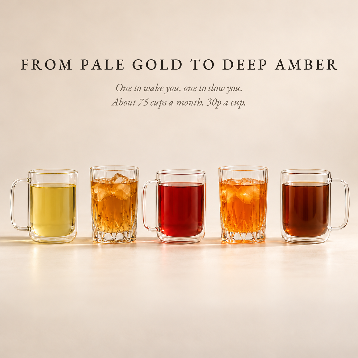 Five glasses of Boteane loose leaf tea from pale gold to deep amber, one to wake you and one to slow you. About 75 cups a box, 30p a cup.