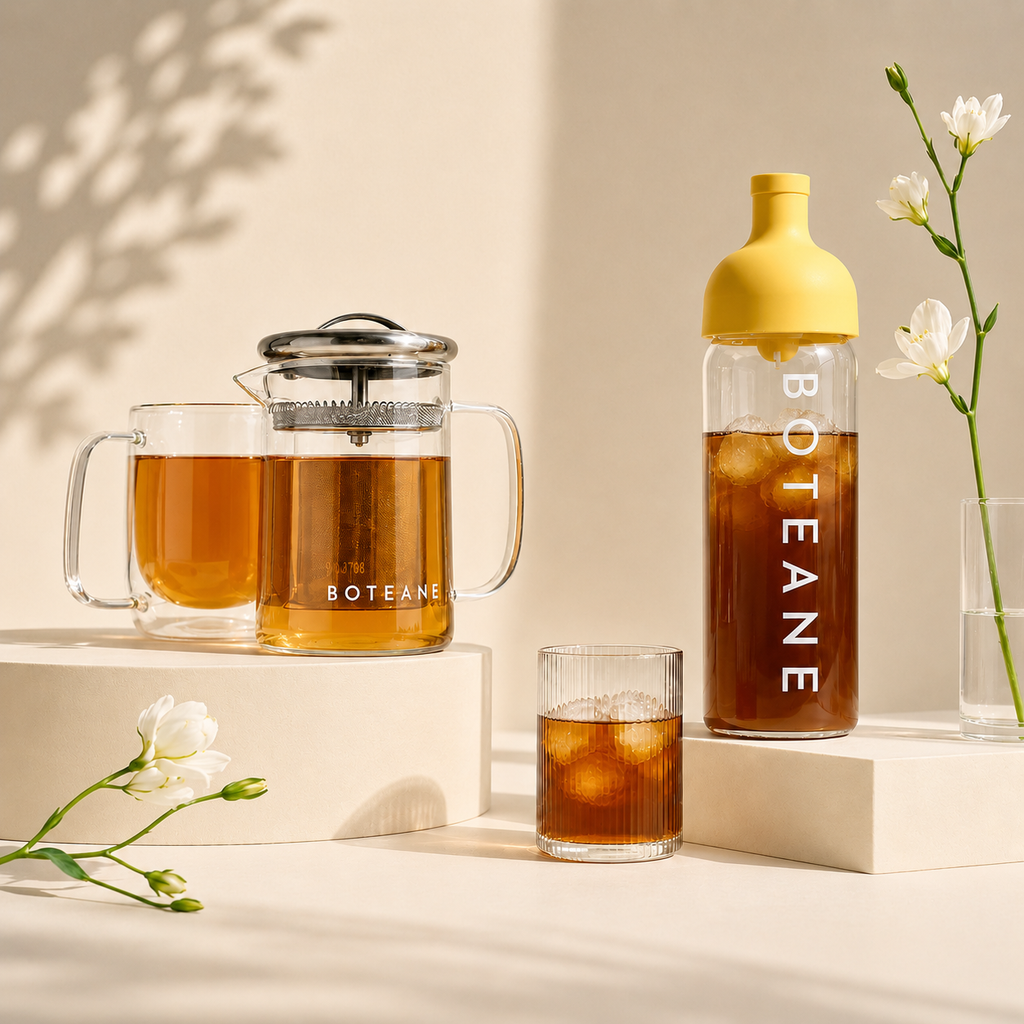 A styled product shot featuring a clear glass teapot filled with tea, a matching glass mug, and a tall clear bottle with a yellow cap and vertical BOTÉANE branding, arranged on white pedestals with white flowers and warm sunlight shadows.