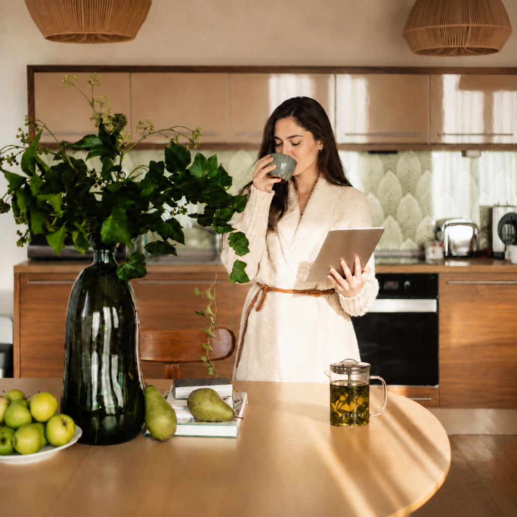 Woman drinking a cup of Boteane loose-leaf tea in a bright home kitchen, part of the Tea Discovery Subscription