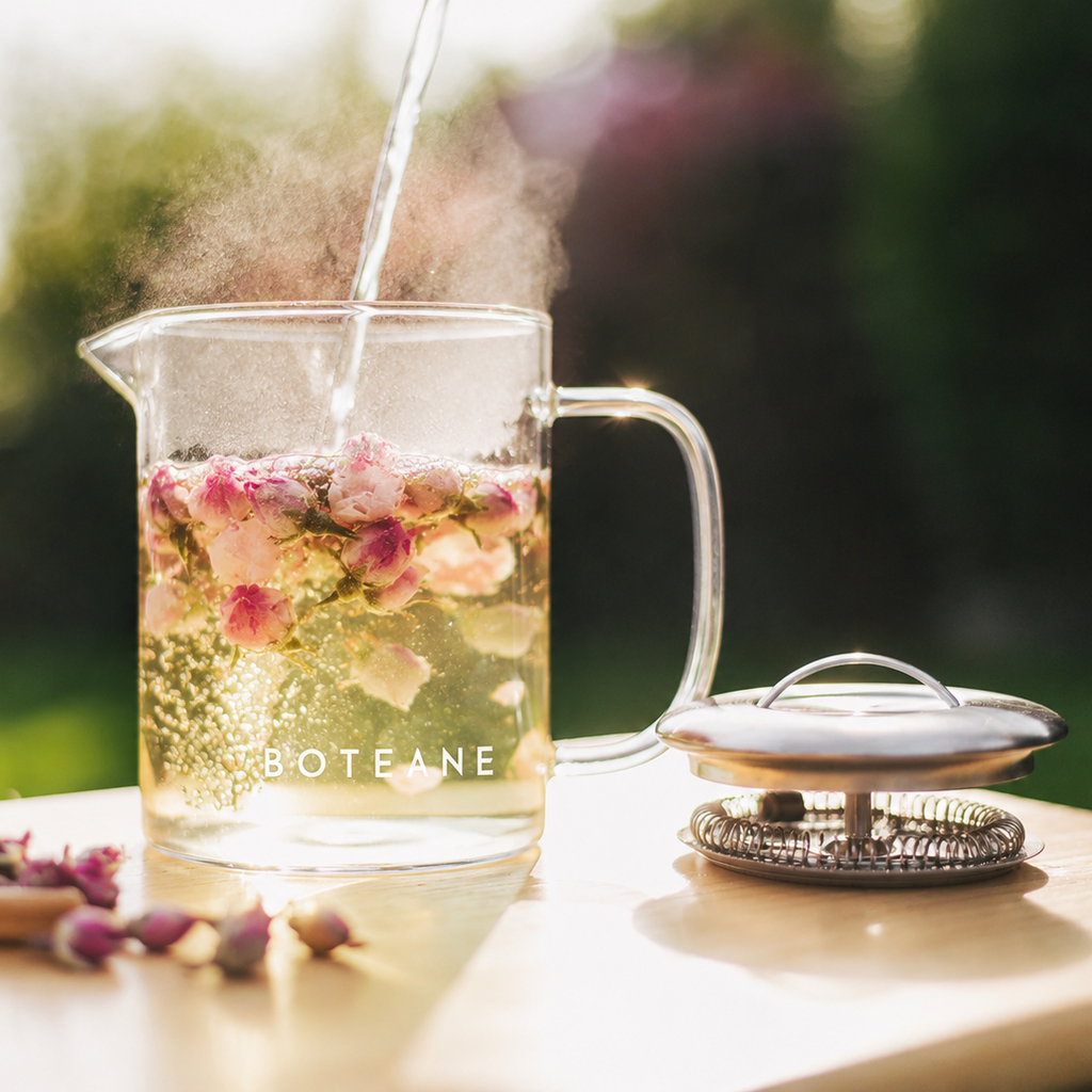 A clear glass teapot with the brand name BOTEANE printed on the front, filled with blooming pink tea flowers and hot water being poured in. A matching glass lid with a silver metal strainer sits on a light wooden table against a blurred green garden background.