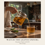 Boteane Easy-peasy glass teapot pouring amber tea as the leaves unfurl inside. Included with the Welcome Box, worth £32, yours to keep.