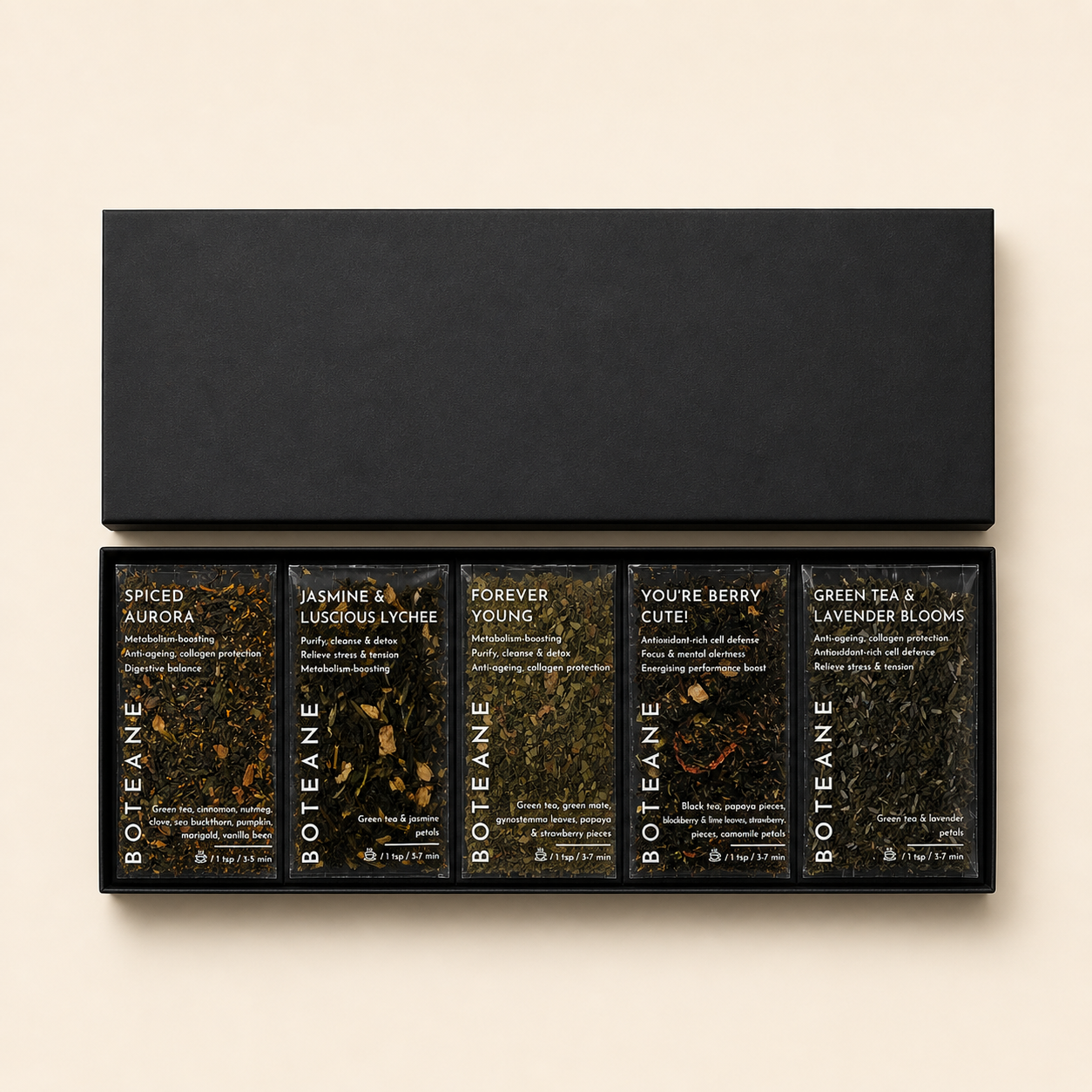 Set of Botane tea boxes with black lids and visible branding on a beige background