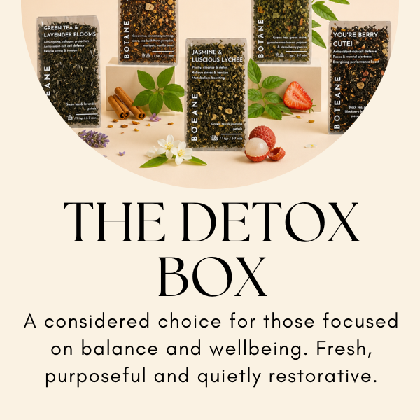Boteane Naturals detox box with various products and text on a light background