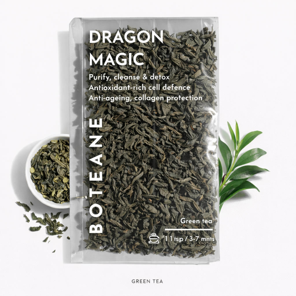 Boteane Dragon Magic Green Tea package with tea leaves and plant on a white background