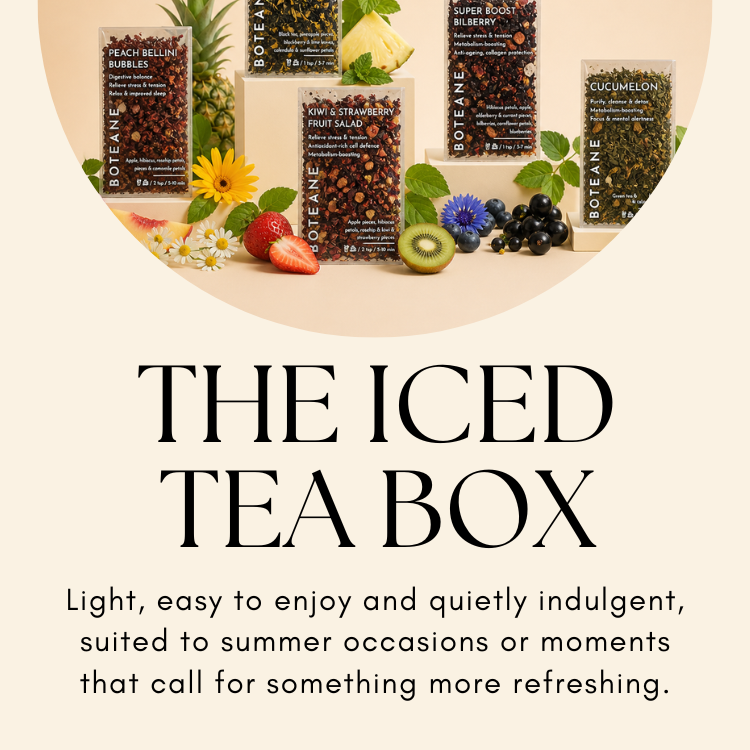 Boteane iced tea packaging with fruits and text on a beige background