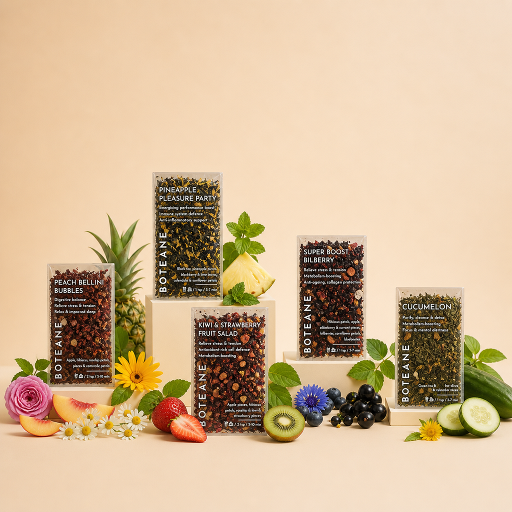 Boteane fruit salad packages with fresh fruits on a beige background