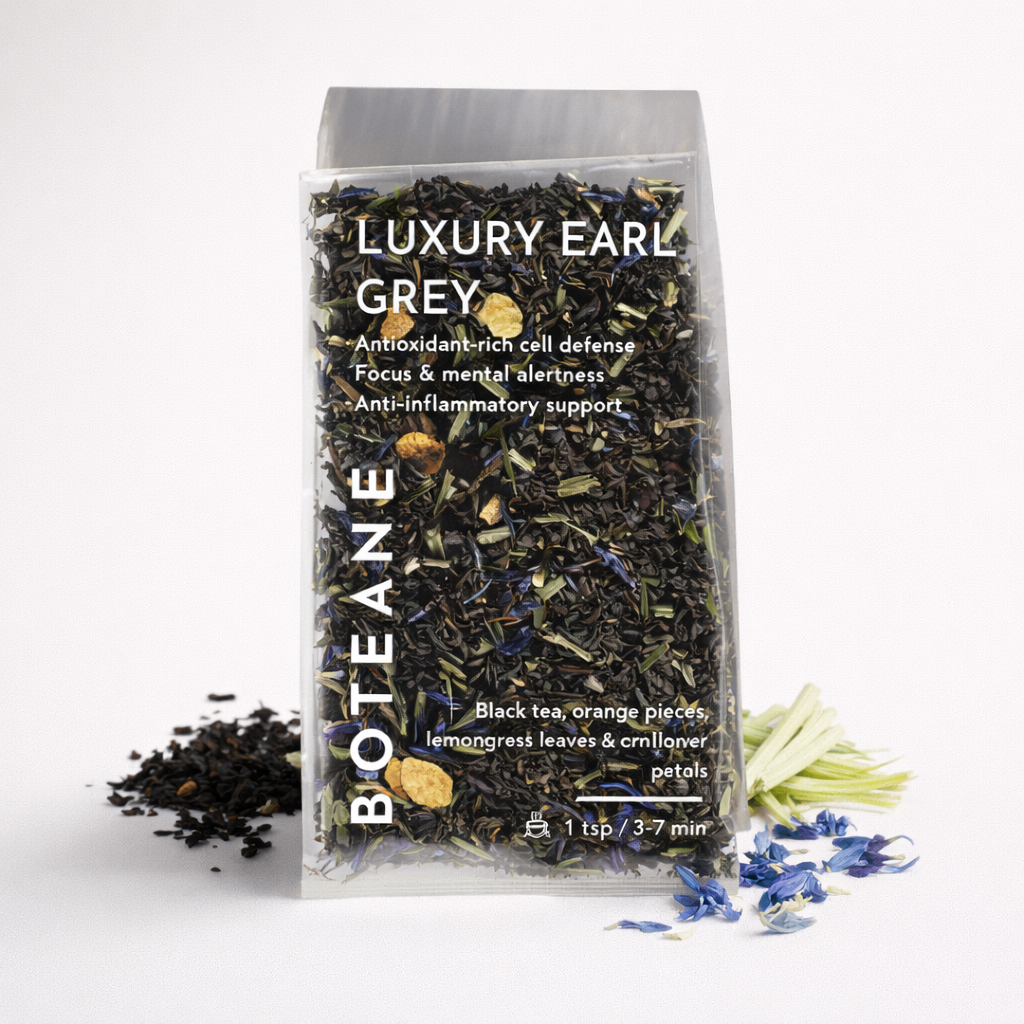 Tea package labeled 'Luxury Earl Grey' by Botteane with tea leaves spilling out on a white background.