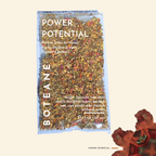 Tea package with 'Power Potential' text and botanicals on a beige background