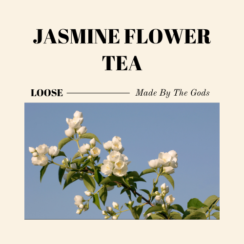 Advertisement for jasmine flower tea with a branch of white flowers on a blue background.