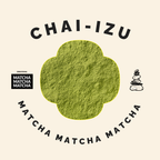 Chai-Izu matcha product with green powder and branding on a beige background