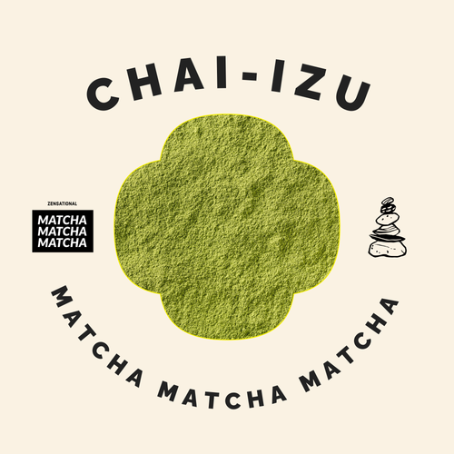 Chai-Izu matcha product with green powder and branding on a beige background