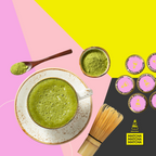 Matcha green tea set with a bowl, whisk, and containers on a pink and yellow background.