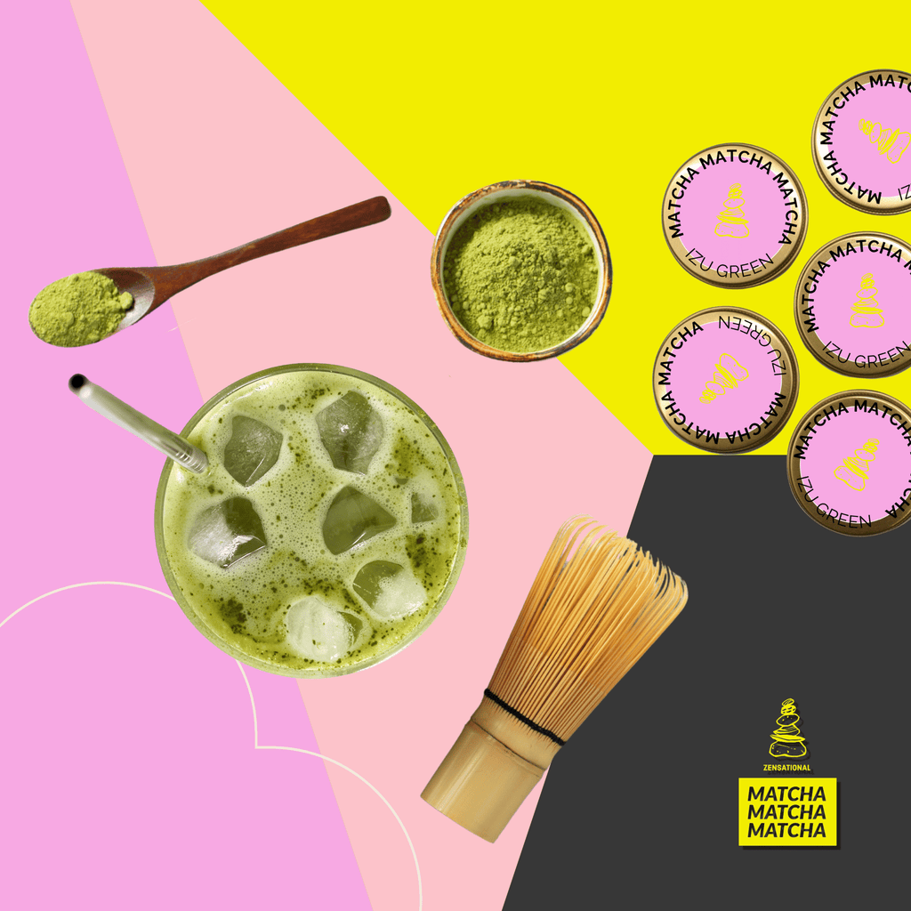 Matcha green tea drink with matcha powder, whisk, and packaging on a colorful background