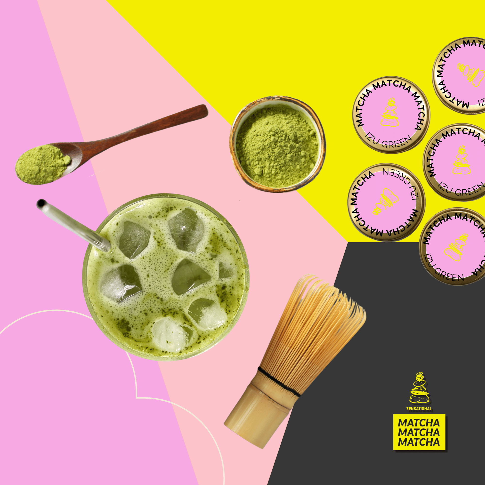 Matcha green tea drink with matcha powder, whisk, and packaging on a colorful background