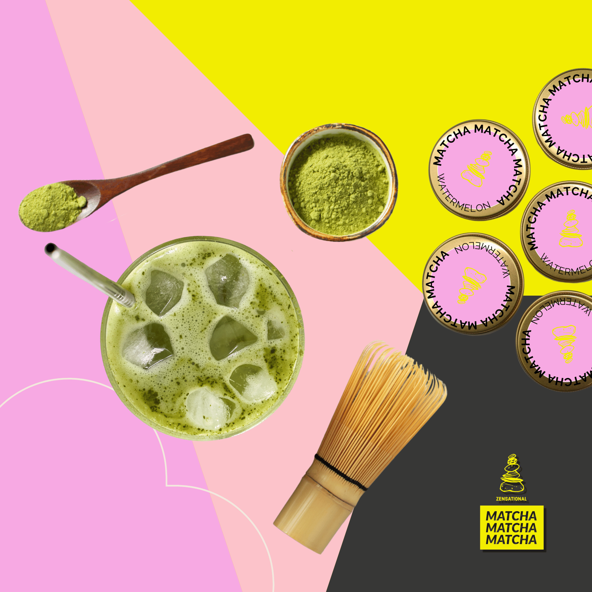 Matcha green tea drink with ingredients and matcha powder packages on a colorful background