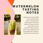 Promotional graphic for watermelon matcha with a glass of green drink on a pink and orange background.