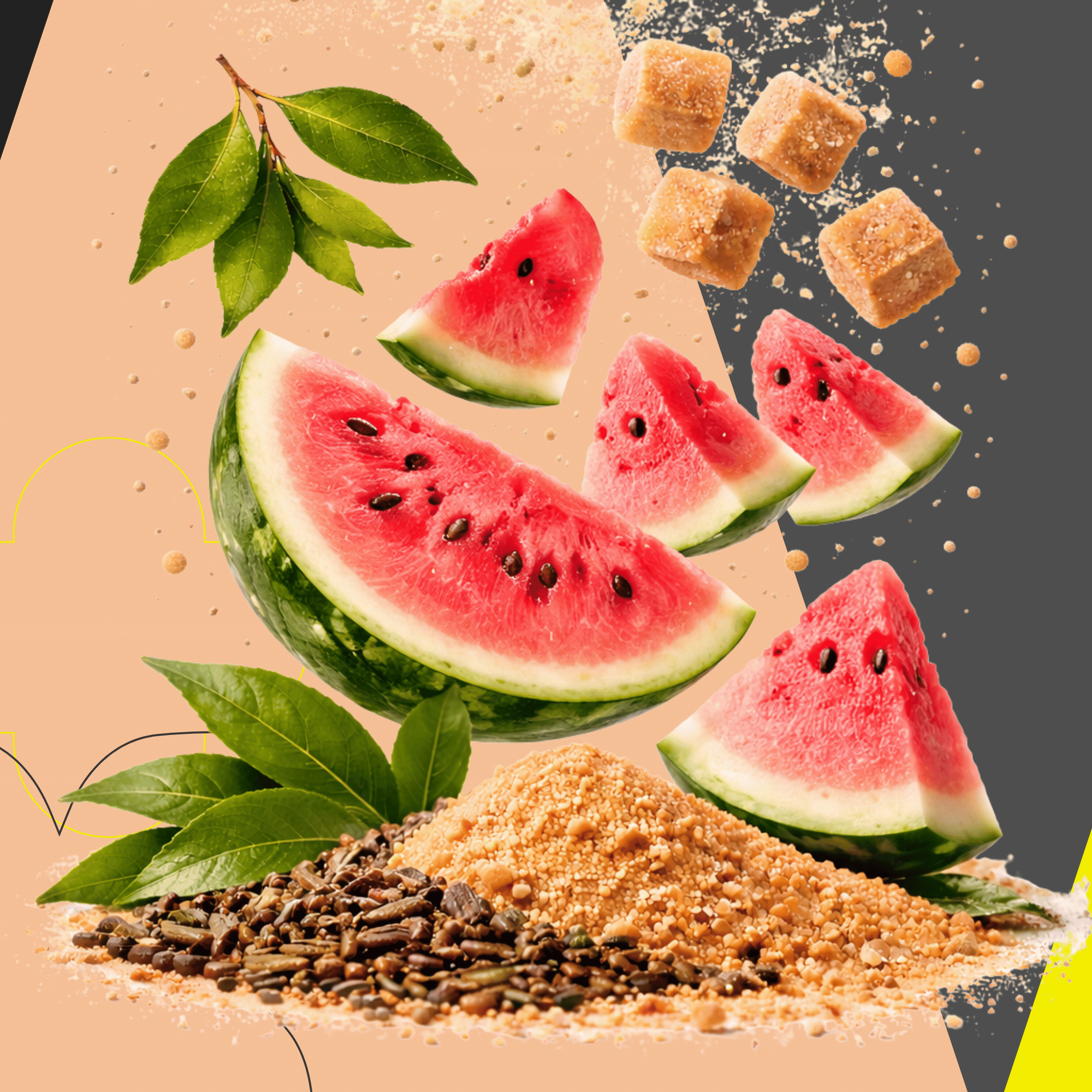 Sliced watermelon with leaves, brown sugar cubes, and spices on a gradient background