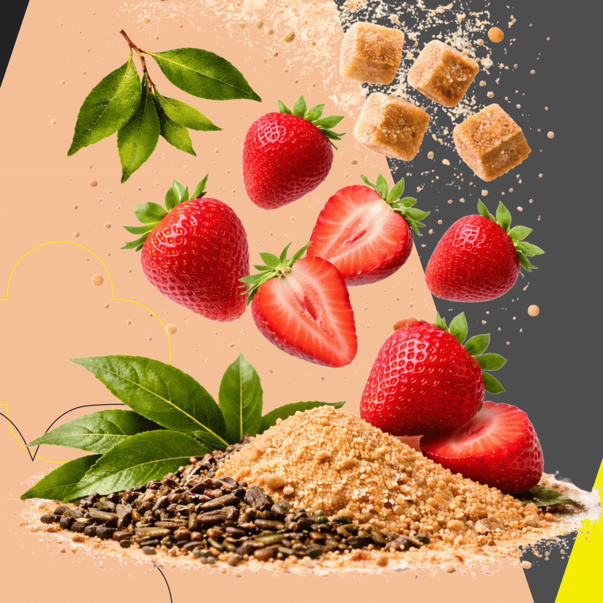 Strawberries with green leaves and brown sugar cubes on a gradient background