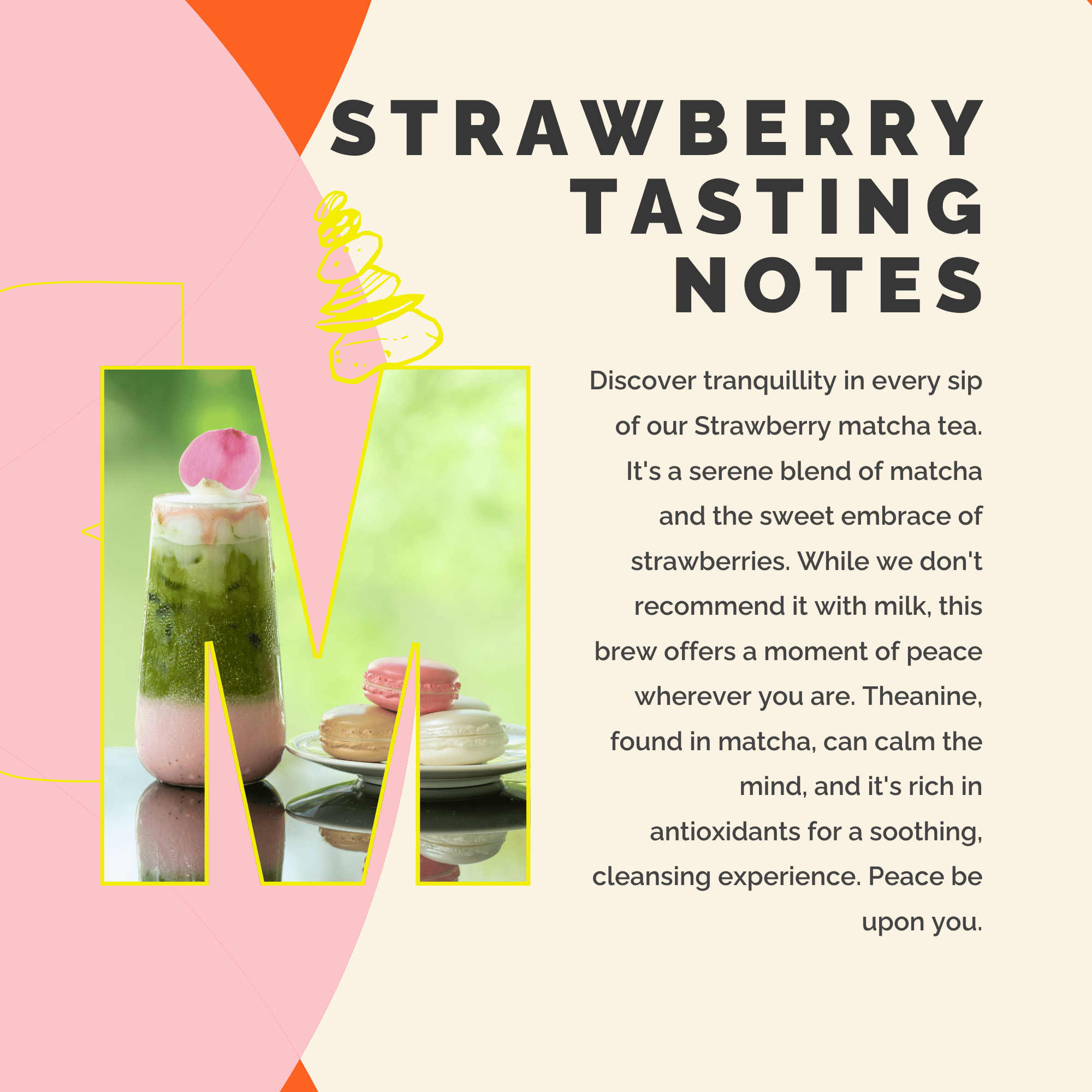 Strawberry matcha tea with text on a colorful background