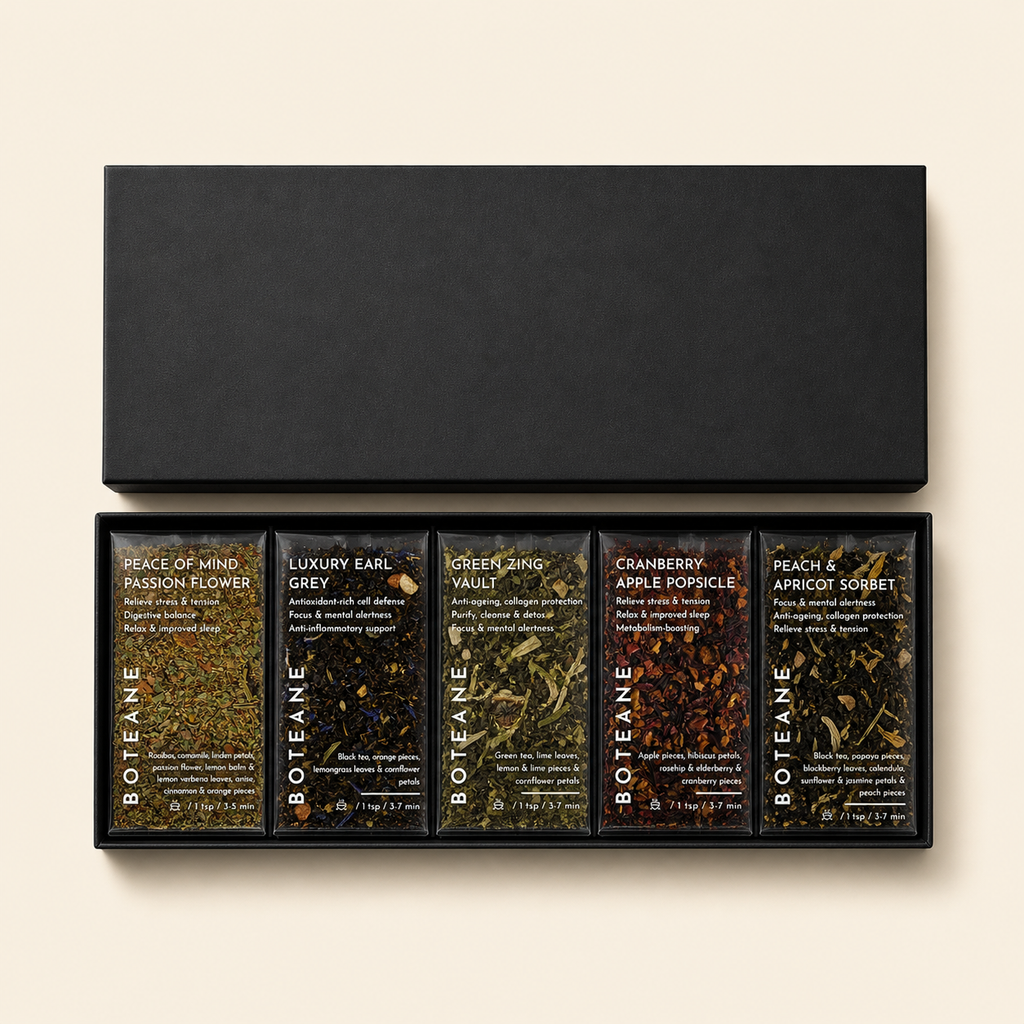 black box with boteane teas in it