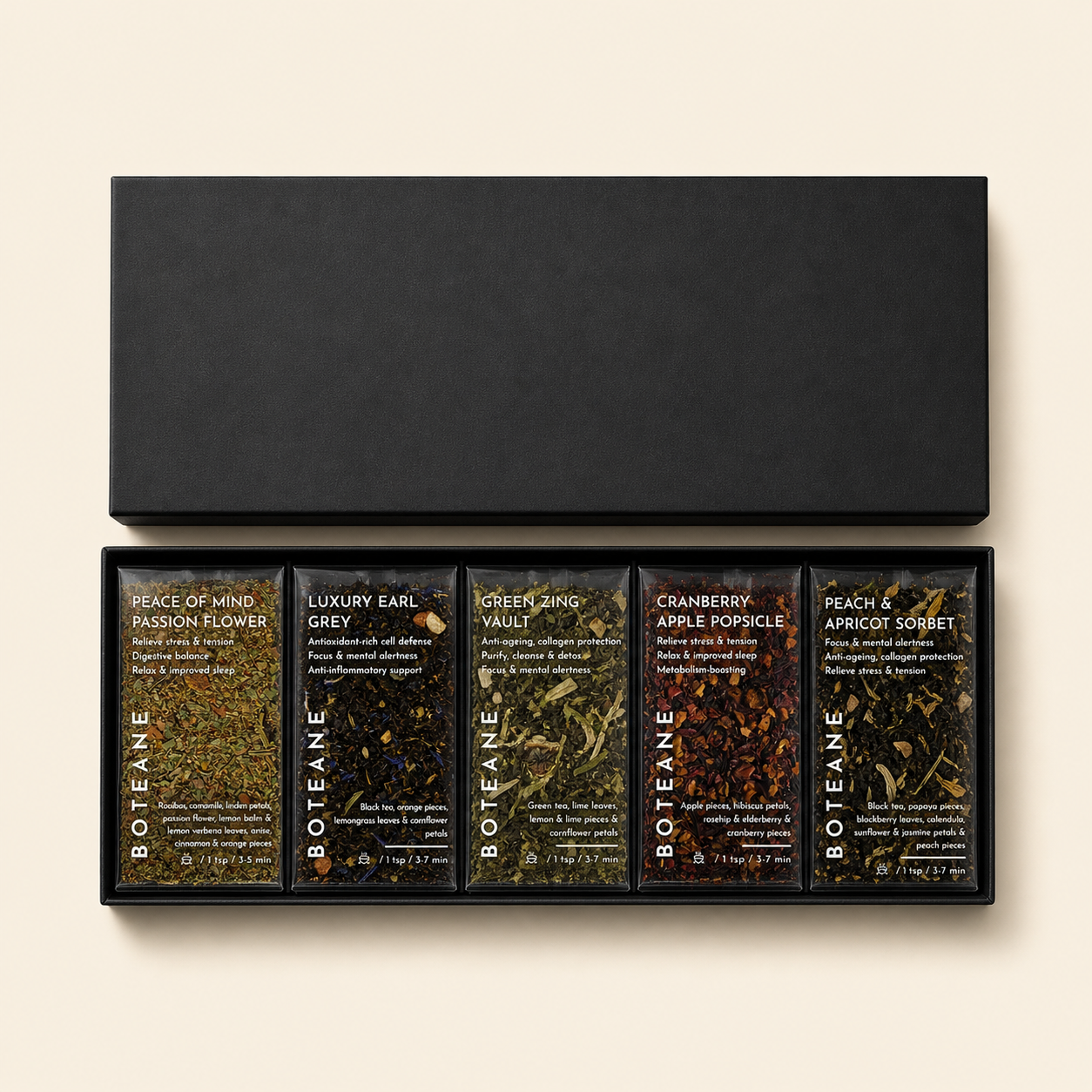 black box with boteane teas in it