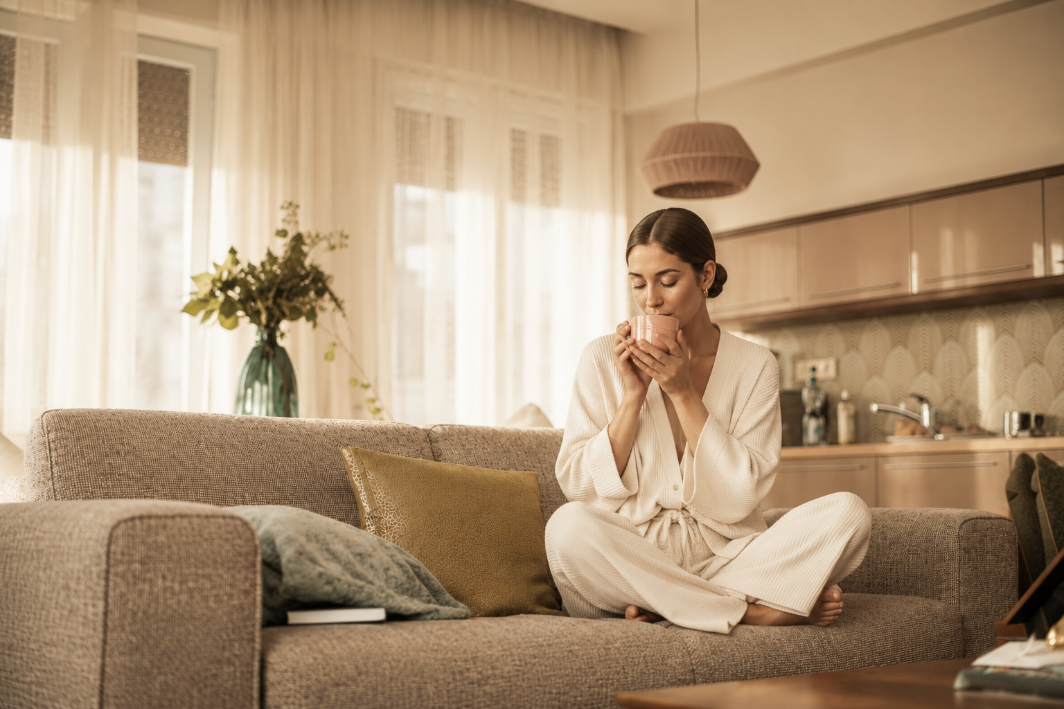 A woman in a white robe sits cross-legged on a grey sofa in a warm living room, holding a pink mug in soft natural light