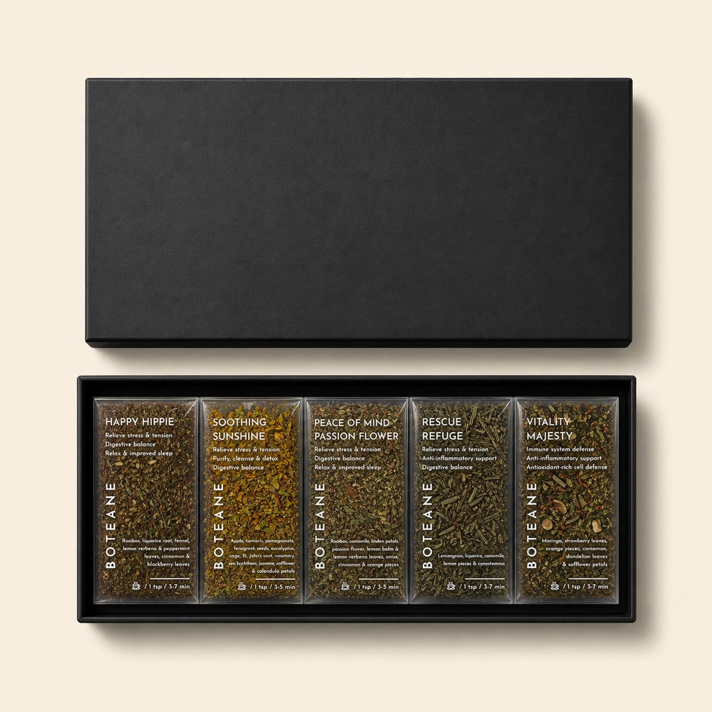 Set of Botane tea boxes with labels on a beige background