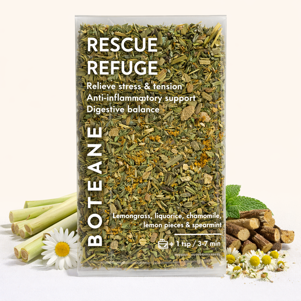 Packaged herbs labelled 'Rescue Refuge' by Boteane with ingredients displayed on a white background.