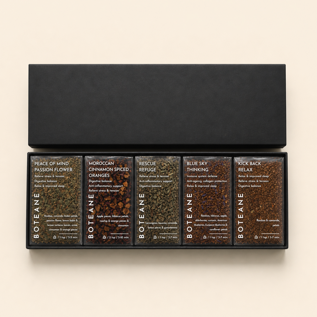 Set of Boteane tea boxes with various flavors on a beige background