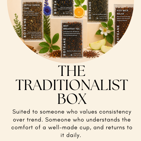 Tea packaging with herbs and fruits, featuring the text 'The Traditionalist Box' and description.