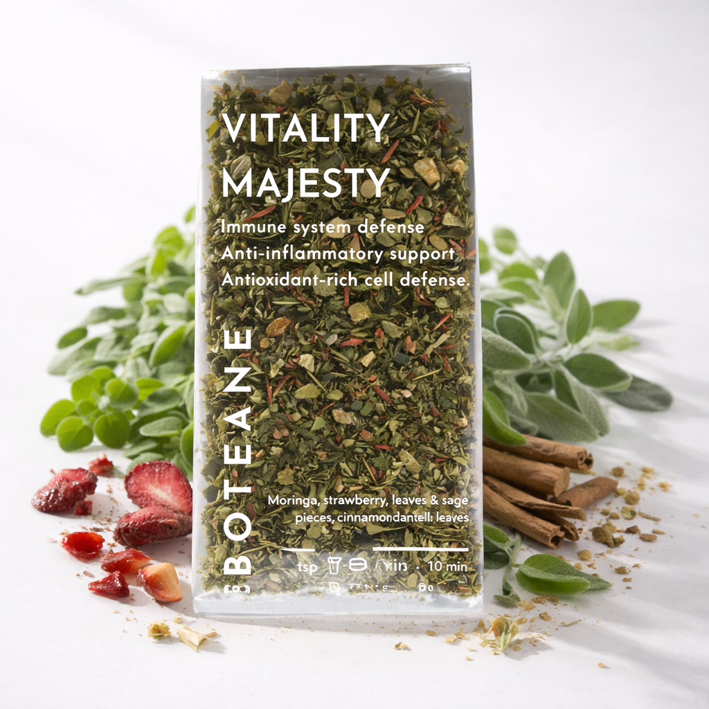 Botanical tea package labeled 'Vitality Majesty' with herbs and spices on a white background