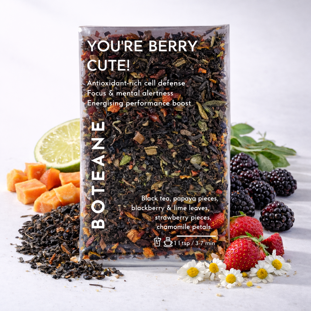 Boteane berry tea package with ingredients on a white background
