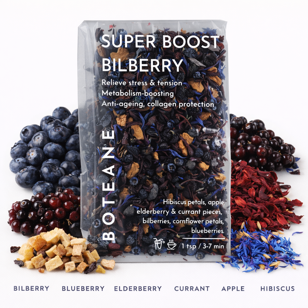 Boteane Super Boost Bilberry tea package with dried fruits on a white background