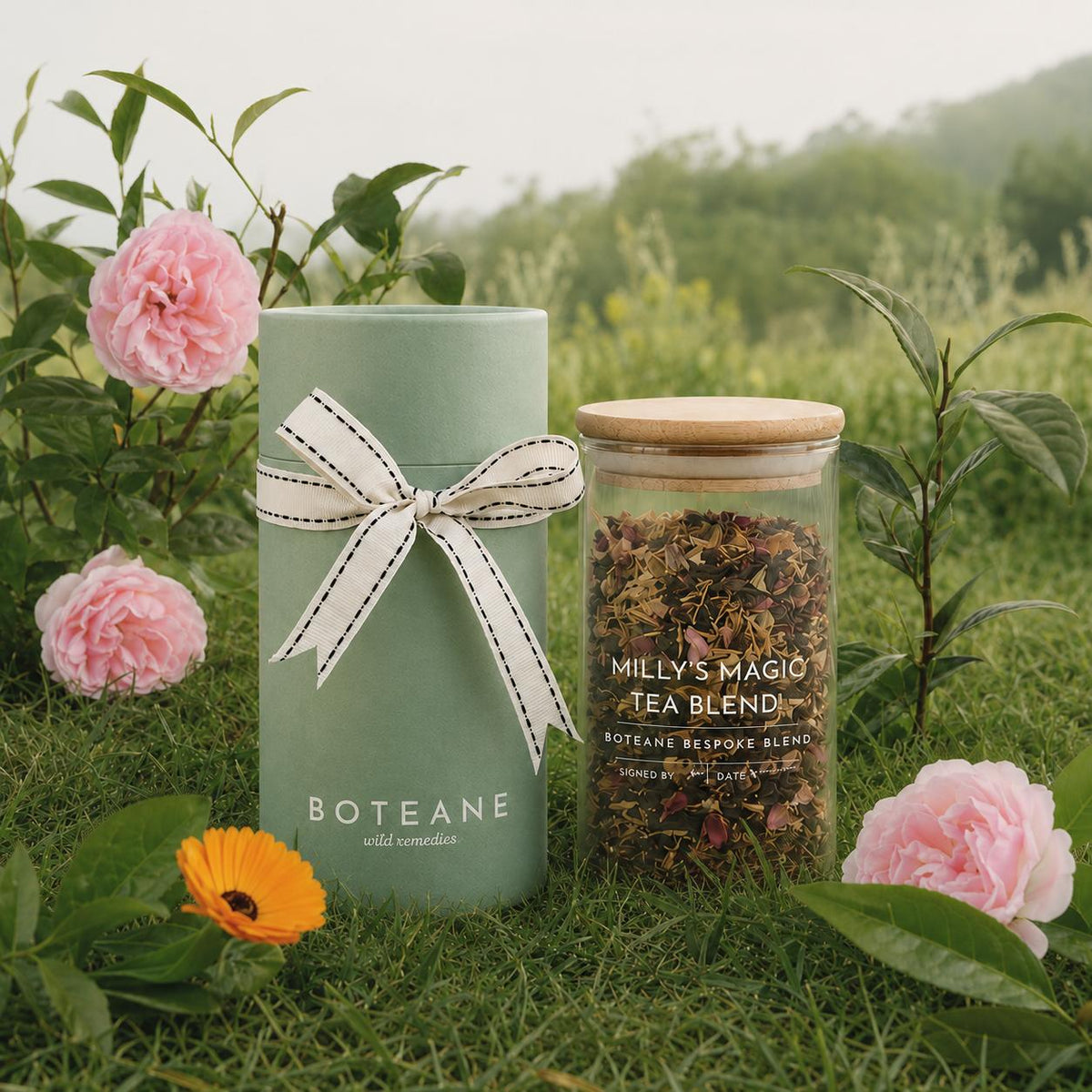 Boteane bespoke blend loose-leaf tea in a glass jar
