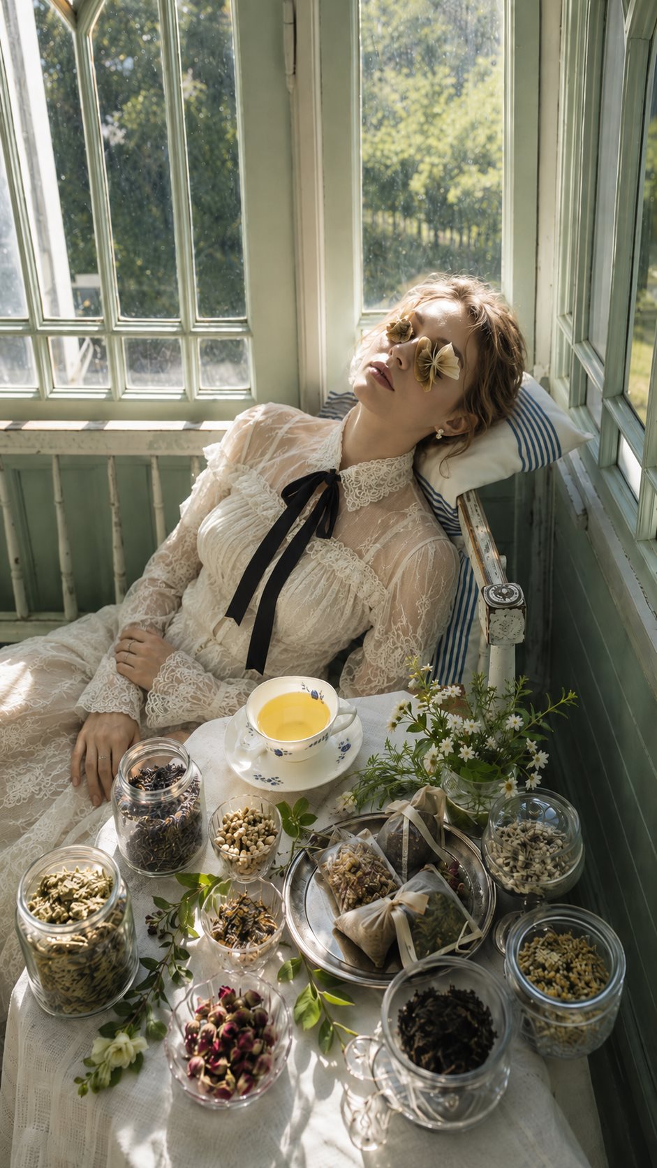 A quiet tea moment: a woman resting in a sunlit garden room beside a table of loose-leaf teas, botanicals and a freshly poured cup
