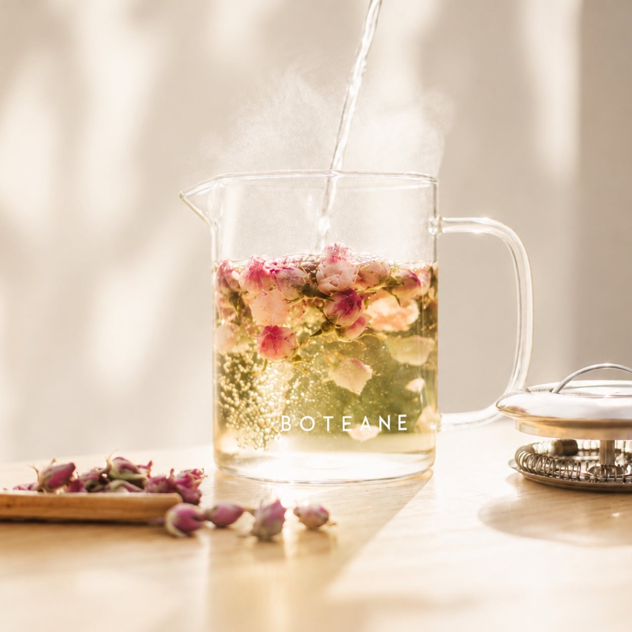 Whole rosebuds unfurling in a glass Boteane teapot as hot water is poured