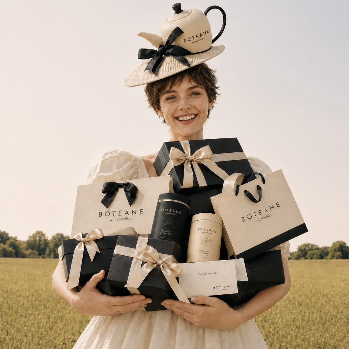 Woman holding Boteane products in a field