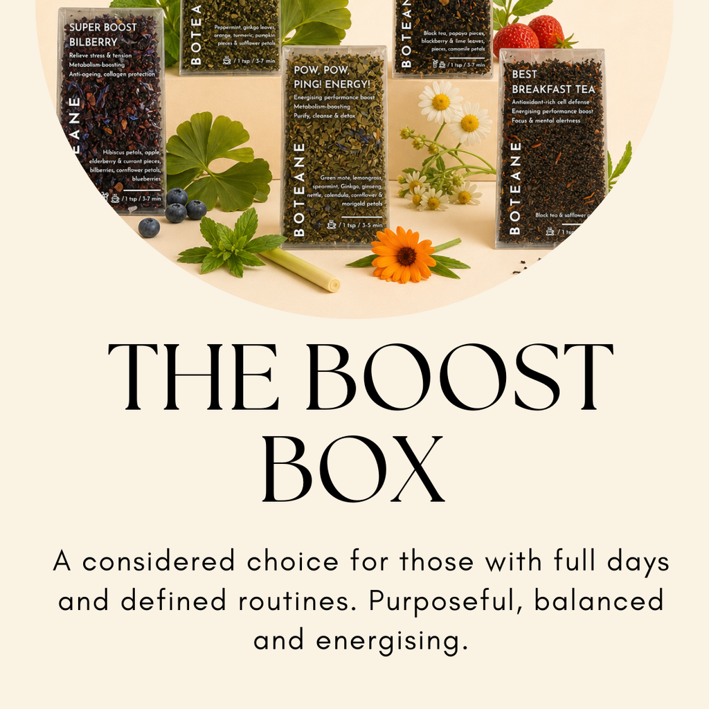 Boteane tea packages with herbs and flowers on a beige background, featuring the text 'The Boost Box'.