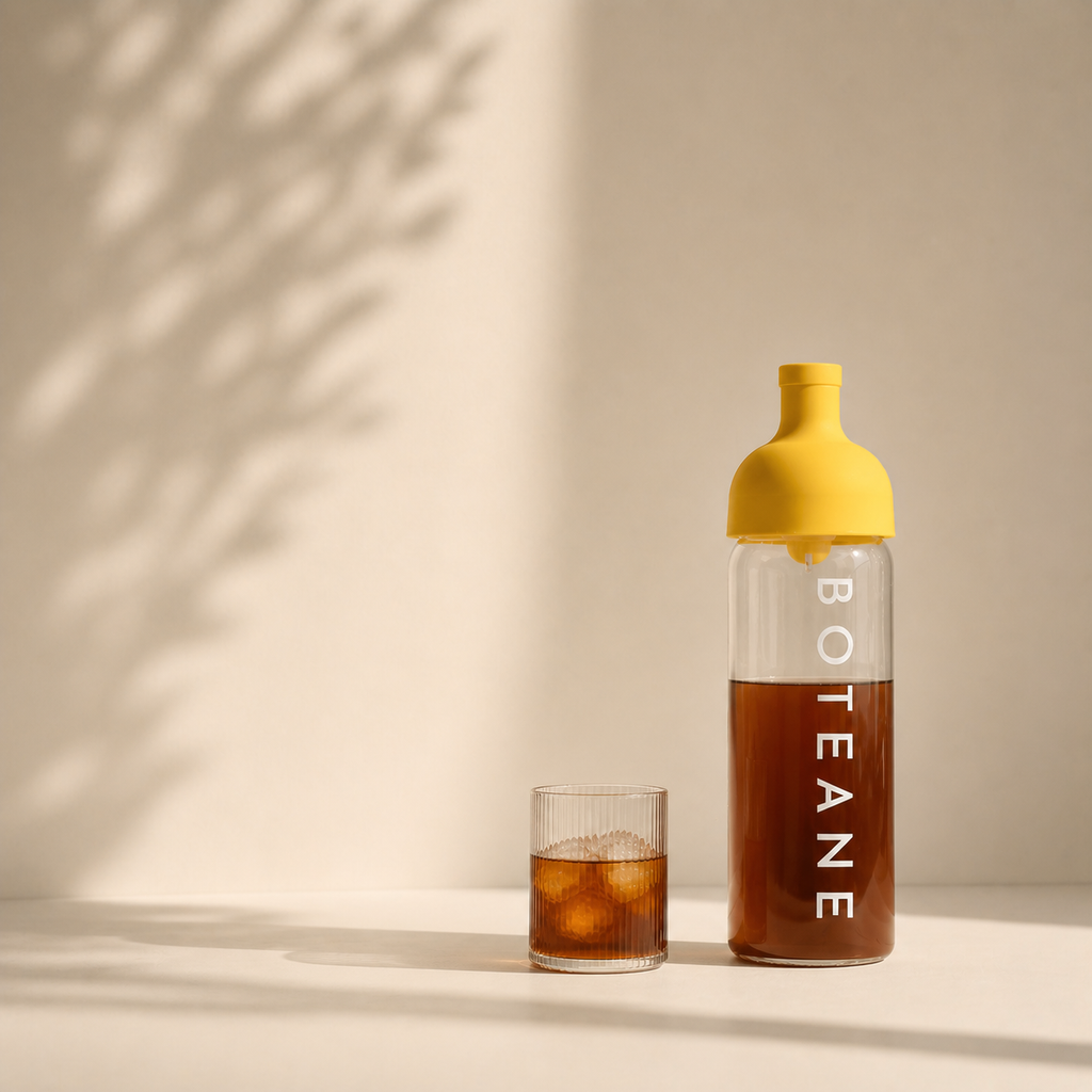 Boteane bottle with yellow cap and clear body, filled with a brown liquid, next to a glass of iced tea on a neutral background.